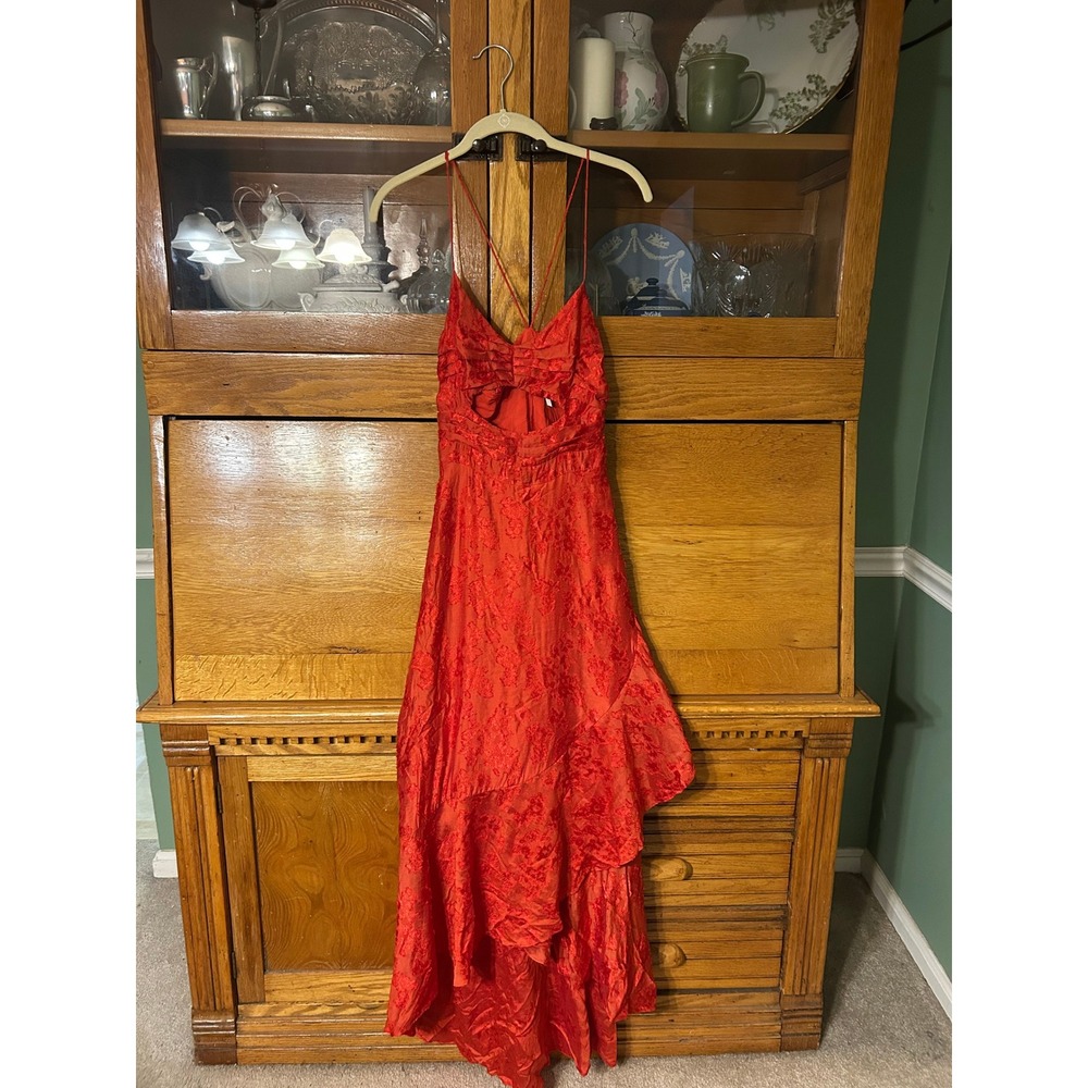 Boho Chic Free People Red Floral Jacquard High-Low Maxi Dress Cutout Festival 2 - Picture 3 of 16